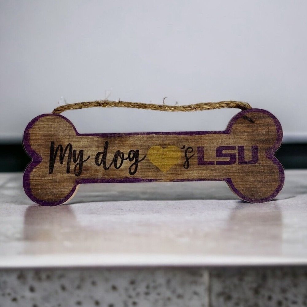 LSU Tigers My Dog Loves LSU Dog Bone Sign Plaque 4x12 Brown Purple Gold Decor